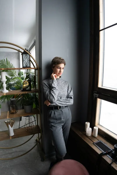 Young Beautiful Woman Standing Window Sweater — стоковое фото