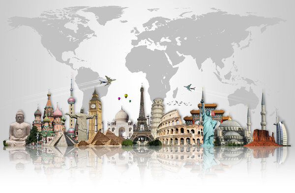 Travel the world monuments concept made with ones of the most famous monuments in the world
