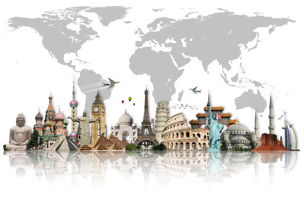 Travel the world monuments concept made with ones of the most famous monuments in the world