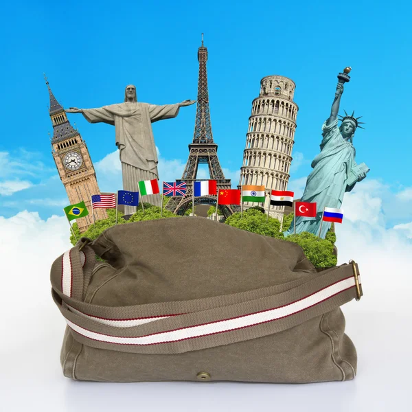 Travel the world monuments bag concept — Stock Photo, Image