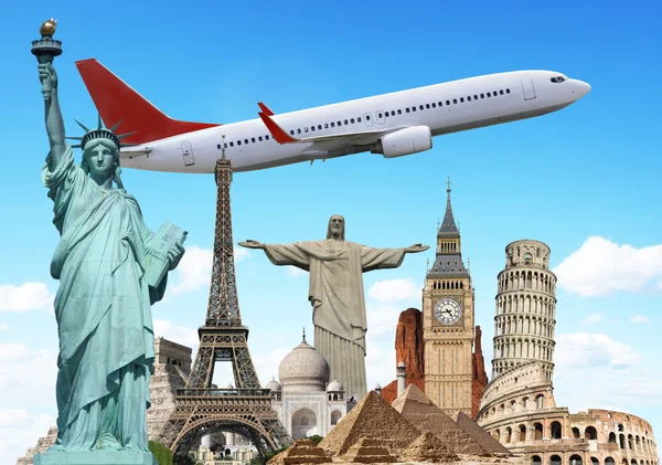 Travel the world monuments plane concept — Stock Photo, Image