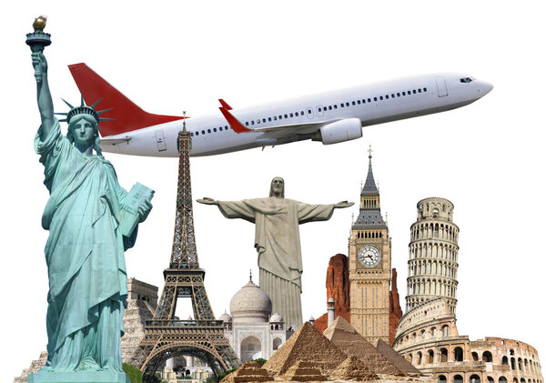 Travel the world monuments plane concept