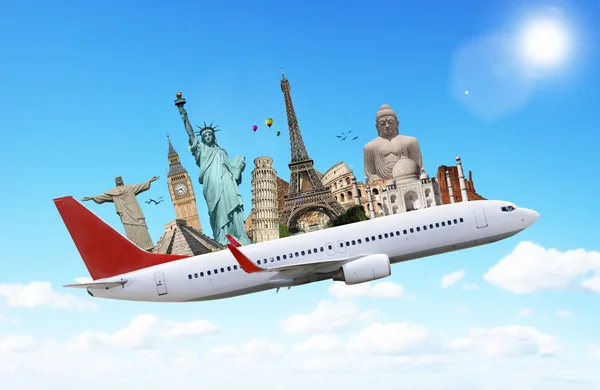 Travel the world monuments plane concept