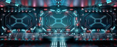 Parlayan kontrol panelleri ve düğmeleri olan karanlık bir uzay gemisi. Mavi ve kırmızı neon ışıklı gelecekteki uzay istasyonu. 3d oluşturma