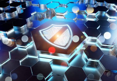 Mavi metal altıgen kaidesel arka plana kazınmış kalkan simgesi konsepti. Güvenlik logosu soyut dijital yüzeyde parlıyor. 3d oluşturma