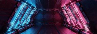 İç kısımları mavi ve pembe renkli. Panel duvarlarında neon ışıkları var. Uzay istasyonu arka planında gelecekçi modern koridor. 3d oluşturma