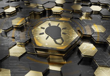 Altın metal altıgen arka plana kazınmış ampul yaratıcılığı konsepti. Soyut dijital yüzeyde parlayan yenilik sembolü. 3d oluşturma