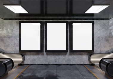 Yeraltı metro duvarında üç tane dikey reklam panosu var. Üç boyutlu reklam tablosu, tren istasyonunun iç mekânına istifçilik.