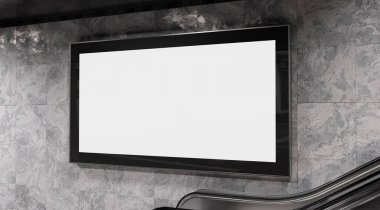 Metrodaki metro duvarında panoramik 2: 1 reklam panosu Mockup. İstasyon duvarına 3 boyutlu reklam istiflemek