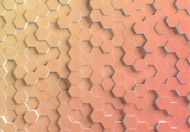 Dokulu metalik yüzeyde turuncu altıgen arka plan deseni. Soyut altıgen bal peteği grafik duvar kağıdı 3D oluşturma