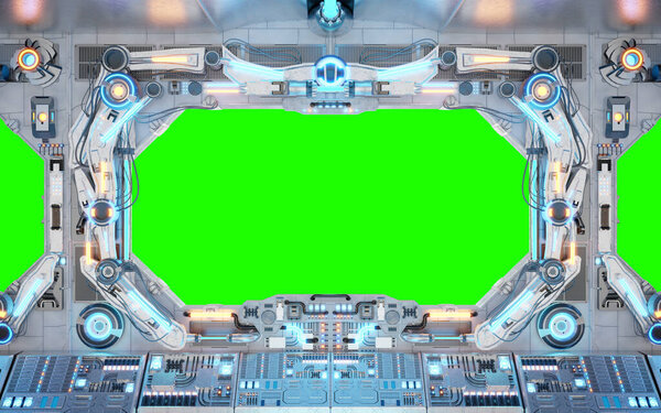 Интерьер белого космического корабля с изолированным большим окном. Футуристический космический корабль с синими и красными панелями управления и пустым видом. 3D рендеринг