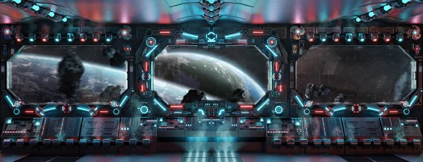 黑暗的宇宙飞船内部闪烁着蓝色和红色的灯光 对空间行星和控制面板有大窗户视野的未来主义航天器 3D渲染 — 图库照片