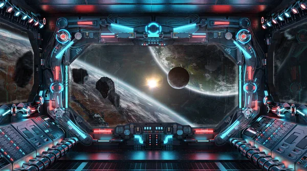 輝く青と赤のライトで暗い宇宙船のインテリア 宇宙とコントロールパネルの惑星上の大きな窓のビューを持つ未来的な宇宙船 3Dレンダリング — ストック写真