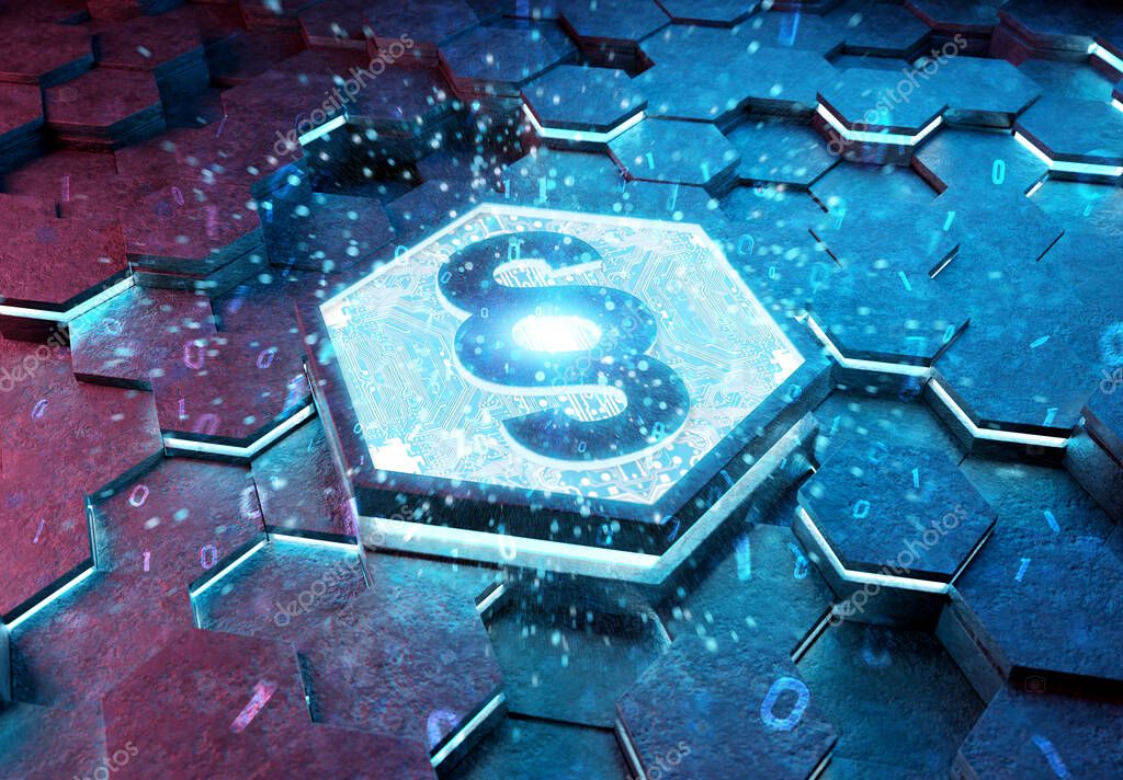 Law icon concept engraved on blue and pink metal hexagonal pedestral background. Paragraph justice logo glowing on abstract digital surface. 3d rendering