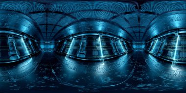 HDRI panoramik görünümü koyu mavi uzay gemisinin içi. 360 derecelik yüksek çözünürlüklü panorama yansıması 3D fütüristik uzay aracı odası görüntüleme
