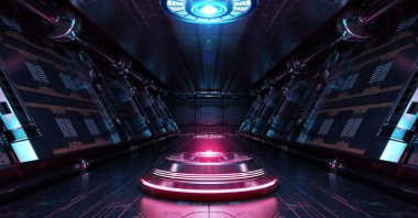 Aydınlatılmış projektörlü mavi ve pembe uzay gemisi. Uzay istasyonunda parlak neon ışıklarıyla dolu fütürist koridor. 3d oluşturma