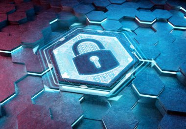 Mavi ve pembe metal altıgen arka plana kazınmış web güvenlik simgesi konsepti. Soyut dijital yüzeyde parlayan asma kilit logosu. 3d oluşturma