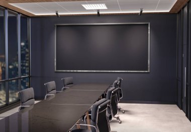 Panoramik çerçeve, karanlık ofis toplantı odasında asılı duruyor. Modern şirket iç mimarisi 3D görüntülemesindeki büyük reklam panolarını düzenle