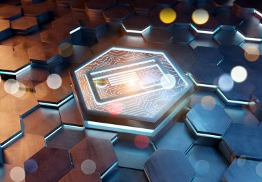 Mavi ve turuncu metal altıgen arka plana kazınmış ödeme kartı ikonu konsepti. Soyut dijital yüzeyde parlayan kredi kartı logosu. 3d oluşturma