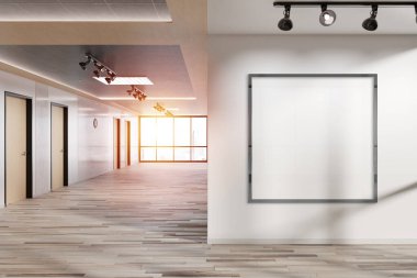 Metalik kare çerçeve ofis duvarında asılı. Modern ahşap ofis içerisindeki 3 boyutlu bir reklam panosunun maketi.