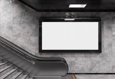 Metrodaki metro duvarında panoramik 2: 1 reklam panosu Mockup. İstasyon duvarına 3 boyutlu reklam istiflemek