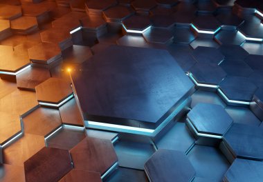 Parlayan turuncu ve mavi altıgen podyum arka plan deseni. Işıklı ve yansımalı altıgen gümüş metal yüzey. 3B görüntüleme
