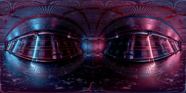 深蓝色粉色宇宙飞船内部的Hdri全景视图 未来航天器机房三维绘制高分辨率360度全景反射绘图 — 图库照片