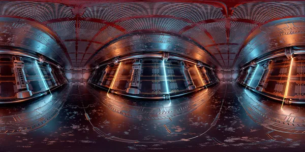 深蓝色橙色宇宙飞船内部的Hdri全景视图 未来航天器机房三维绘制高分辨率360度全景反射绘图 — 图库照片