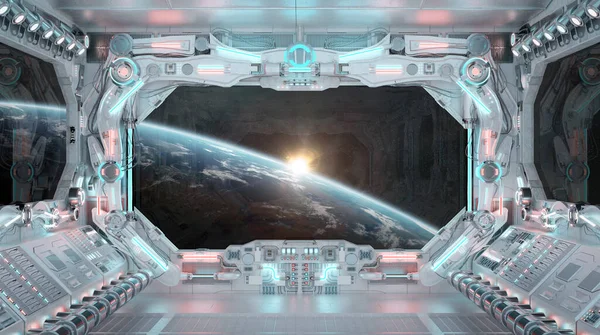 Внутрішній Простір Білого Космічного Корабля Сяючим Синім Червоним Світлом Футуристичний — стокове фото
