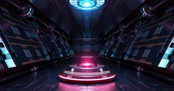 Kék Rózsaszín Űrhajó Belső Tér Megvilágított Projektorral Futurisztikus Folyosó Űrállomáson — Stock Fotó