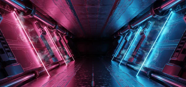 パネルの壁にネオンのある青とピンクの宇宙船のインテリア 宇宙ステーションの背景にある未来的な現代の廊下 3Dレンダリング — ストック写真