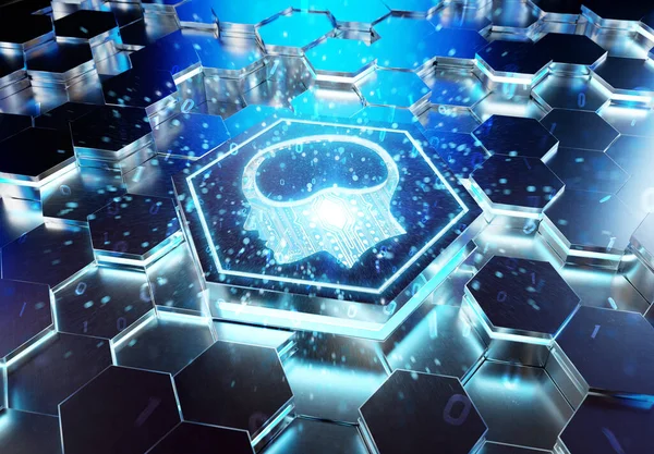 Brain Icon Concept Engraved Blue Metal Hexagonal Pedestral Background Artificial — Stock Photo, Image