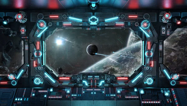Dunkles Raumschiff Interieur Mit Leuchtenden Blauen Und Roten Lichtern Futuristische — Stockfoto