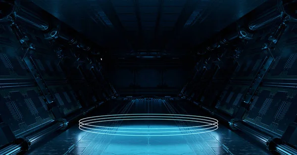 Niebieskie Wnętrze Statku Kosmicznego Świecącymi Neonowymi Światłami Podium Odbijającymi Się — Zdjęcie stockowe