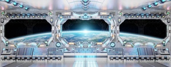 Weißes Raumschiff Interieur Mit Leuchtenden Blauen Und Roten Lichtern Futuristische — Stockfoto