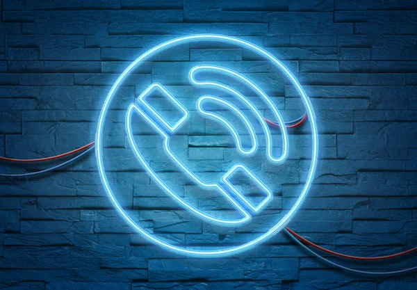 Call Neon Tubes Icon Illuminating Brick Wall Blue Glowing Light — Stock Photo, Image