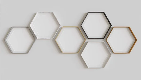 Mutli Material Hexagon Blank Photo Frames Mockup Hanging Interior Wall — Stock Photo, Image