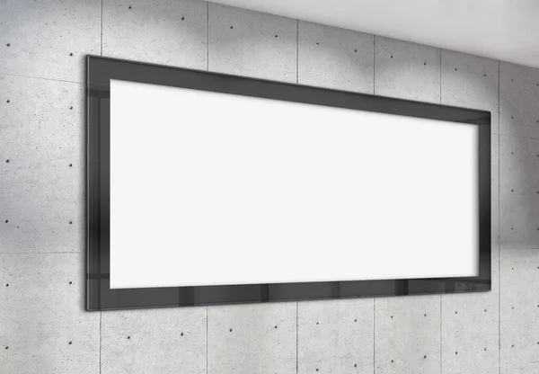 全景框架挂在办公室的混凝土墙上 现代公司内部三维渲染广告牌的模型 — 图库照片