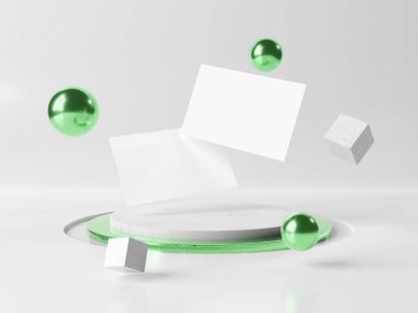 Sahne podyumunda yüzen kartvizitler. Uçan elementlerle birlikte yayalar üzerindeki uluslararası arama kartlarının şablonu