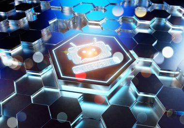 Chatbot simgesi kavramı mavi metal altıgen kaidesel arka plana kazınmış. Sohbet robotu logosu soyut dijital yüzeyde parlıyor. 3d oluşturma