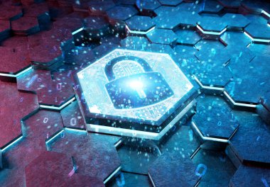 Mavi ve pembe metal altıgen arka plana kazınmış web güvenlik simgesi konsepti. Soyut dijital yüzeyde parlayan asma kilit logosu. 3d oluşturma