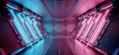 İç kısımları mavi ve pembe renkli. Panel duvarlarında neon ışıkları var. Uzay istasyonu arka planında gelecekçi modern koridor. 3d oluşturma