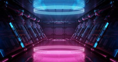 Mavi ve pembe uzay gemisi iç kısımları parlayan, neon ışıklı podyum zemine yansıyor. Uzay istasyonunda daireler çizerek ilerleyen bir koridor. 3d oluşturma
