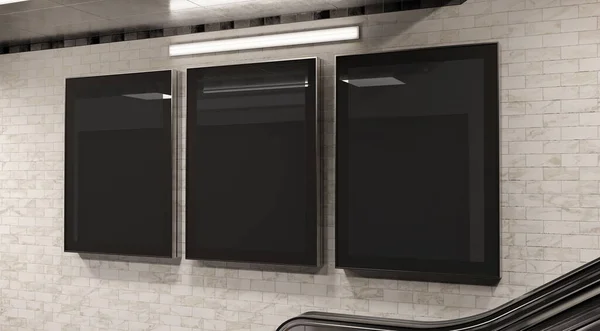 地下壁のモックアップに縦3枚の看板 地下鉄の壁の内部の3Dレンダリング上のホーディング広告の三つ編み — ストック写真