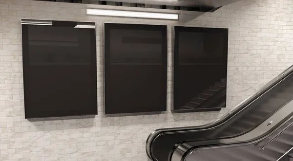 地下壁のモックアップに縦3枚の看板 地下鉄の壁の内部の3Dレンダリング上のホーディング広告の三つ編み — ストック写真
