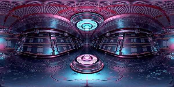 ダークブルーのピンクの宇宙船の内部のHdriパノラマビュー 高解像度360度パノラマは 表彰台プロジェクター3Dレンダリングと未来的な宇宙船の反射マッピング — ストック写真
