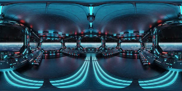 Hdri全景的深蓝色宇宙飞船内部与窗户 未来航天器机房三维绘制高分辨率360度全景反射绘图 — 图库照片