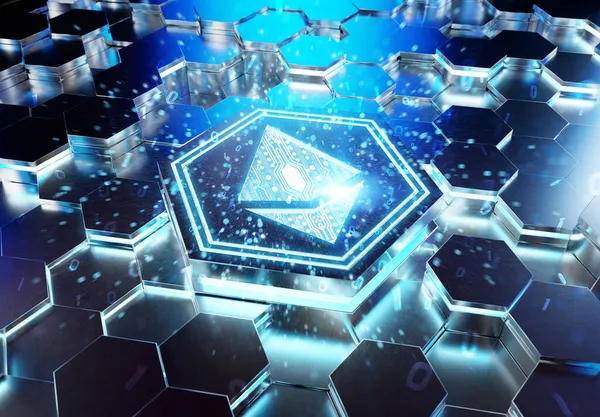 Icône Ethereum Concept Gravé Sur Fond Piédestal Hexagonal Métal Bleu — Photo