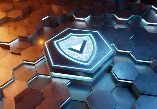 Shield Icon Concept Engraved Blue Orange Metal Hexagonal Pedestral Background — Stock Photo, Image