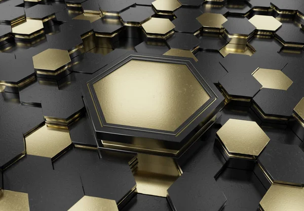 Világító Fekete Arany Hatszögek Dobogó Háttér Mintát Hexagonális Fém Felület — Stock Fotó